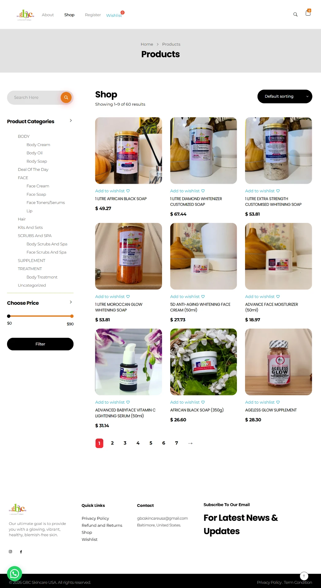 Website design mockup for GBC Skincare USA