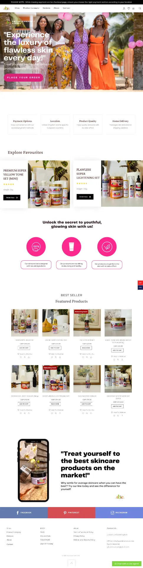 Website design mockup for GBC Skincare UK